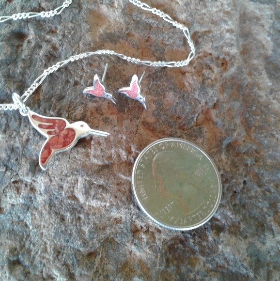 Sterling Silver Vintage Red Coral Hummingbird necklace SET - Picture 4 of 9